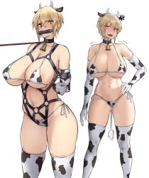  1girl absurdres animal_ears animal_print arms_behind_back bdsm bell bikini bit_gag blonde_hair blush bondage bound breasts cleavage collar cow_ears cow_horns cow_print cow_print_bikini cow_print_gloves cow_print_thighhighs cow_tail elbow_gloves fake_animal_ears fake_horns fake_tail female_focus gag gagged gloves hairband harness highres horns large_breasts leash micro_bikini multiple_views navel neck_bell o-ring pet_play print_bikini print_gloves print_thighhighs side-tie_bikini_bottom skindentation slave smile solo standing stomach swimsuit tail thighhighs underboob yagi_764364  rating:Questionable score:117 user:jo91