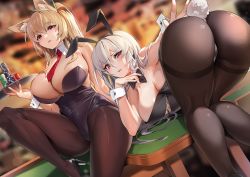 2girls absurdres animal_ears ass ass_focus bent_over black_bow black_bowtie black_hairband black_legwear black_leotard blonde_hair blush bow bowtie breasts commission damda detached_collar ellin_meiji fake_animal_ears frown hairband highres large_breasts leotard long_hair multiple_girls necktie original pantyhose parted_lips playboy_bunny poker_chip rabbit_ears red_eyes red_necktie second-party_source sitting white_hair rating:Sensitive score:95 user:danbooru