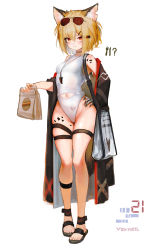 1girl absurdres animal_ear_fluff animal_ears arknights bag bare_shoulders black_coat black_footwear blonde_hair blush breasts casual_one-piece_swimsuit character_name closed_mouth clothing_cutout coat commentary eyewear_on_head fork fox_ears fox_girl fox_tail full_body gloves grey_gloves groin hair_between_eyes hand_on_own_hip highres holding holding_bag knife long_sleeves material_growth navel navel_cutout notched_ear off_shoulder one-piece_swimsuit open_clothes open_coat oripathy_lesion_(arknights) red_eyes revision sandals short_hair simple_background single_glove small_breasts smile solo standing sunglasses swimsuit tail thigh_gap thigh_strap timitarcat vermeil_(arknights) white_background white_one-piece_swimsuit wide_hips rating:Sensitive score:56 user:danbooru