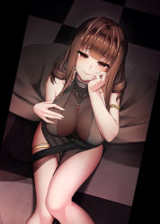 1girl ahoge bare_shoulders blunt_bangs blush breasts brown_hair cleavage closed_mouth dress dsr-50_(girls&#039;_frontline) dsr-50_(highest_bid)_(girls&#039;_frontline) earrings evening_gown from_above gem girls&#039;_frontline hair_ornament hand_on_own_face jewelry large_breasts long_hair looking_at_viewer necklace official_alternate_costume red_eyes red_gemstone see-through shoron sidelocks smile solo thighs very_long_hair rating:Questionable score:37 user:danbooru
