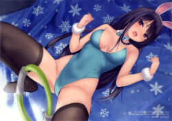  1girl absurdres animal_ears bare_shoulders black_hair blue_leotard blush breasts coffee-kizoku detached_collar fake_animal_ears fur_trim highleg highleg_leotard highres knees_up leotard long_hair looking_at_viewer lying medium_breasts on_back open_mouth original purple_eyes scan shiramine_rika snowflake_print solo strapless strapless_leotard teeth thighhighs thighs upper_teeth_only wristband 