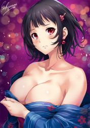 1girl artist_name bare_shoulders black_hair blue_kimono blush breasts cleavage collarbone covering_privates covering_breasts earrings floral_print frown hair_ornament hairclip japanese_clothes jewelry kantai_collection kimono large_breasts lips looking_at_viewer nail_polish night obi open_clothes open_kimono open_mouth purple_nails red_eyes sakiyamama sash short_hair solo takao_(kancolle) upper_body wide_sleeves yukata rating:Questionable score:25 user:danbooru
