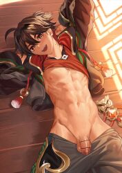  1boy brown_eyes brown_hair brown_jacket censored chinese_clothes clothes_lift clothes_pull gaming_(genshin_impact) genshin_impact grey_pants hair_between_eyes hairband highres hood hooded_jacket hoodie jacket looking_at_viewer male_focus mole multicolored_hair muscular muscular_male navel nayoshi_(r-744) nipples open_clothes open_mouth open_shirt orange_shirt pants pants_pull penis red_hair shirt shirt_lift small_penis smile solo stomach tassel testicles vision_(genshin_impact)  rating:Explicit score:27 user:danbooru