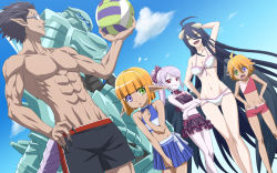  3boys 3girls ahoge albedo_(overlord) arm_behind_head armor aura_bella_fiora ball bikini black_hair blonde_hair blue_eyes breasts brother_and_sister bug cleavage cloud cocytus_(overlord) collar crossed_arms dark_elf dark_skin dark-skinned_male demiurge elf extra_arms extra_eyes fang frills glasses green_eyes heterochromia horns bug jewelry long_hair mare_bello_fiore multiple_boys multiple_girls muscular nail open_mouth overlord_(maruyama) pointy_ears ponytail purple_hair red_eyes ribbon ring sarusuberi shalltear_bloodfallen short_hair shoulder_armor siblings skirt smile standing swimsuit tail trap twins very_long_hair yellow_eyes 