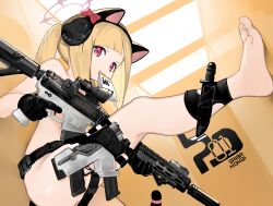 1girl absurdres animal_ear_headphones animal_ears ar-15 ass black_gloves blonde_hair blue_archive bow character_name fake_animal_ears female_focus flat_chest gloves gun halo handgun headphones highres holding holding_gun holding_weapon loli menthako momoi_(blue_archive) nude pink_halo red_bow red_eyes rifle short_hair sig_sauer sig_sauer_p320 solo toes weapon rating:Questionable score:73 user:danbooru
