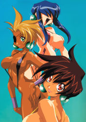  1990s_(style) 3girls arched_back ass blonde_hair breasts brown_hair butt_crack dark-skinned_female dark_skin earrings eyepatch fang green_eyes hair_over_eyes highres jewelry kotobuki_tsukasa large_breasts lips lipstick long_hair looking_at_viewer luchs makeup multiple_girls open_mouth panther_(saber_j) red_eyes retro_artstyle saber_marionette_j short_hair sideboob slingshot_swimsuit smile swimsuit tan tiger_(saber_j)  rating:Questionable score:63 user:danbooru