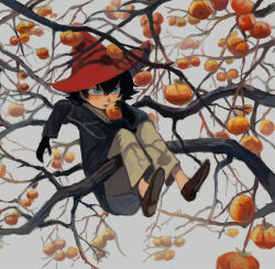  1boy black_gloves black_hair black_jacket branch brown_footwear commentary_request food fruit full_body gloves grey_background hat holding holding_food holding_fruit in_tree jacket joxter long_sleeves looking_at_viewer male_focus moomin open_mouth pants peach red_hat shoe_soles shoes short_hair sokoko solo tree 