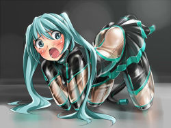 1girl all_fours anal anal_object_insertion anal_tail aqua_eyes aqua_hair ass bdsm bitchsuit blush bondage bound bound_arms bound_legs breasts butt_crack butt_plug collar fake_tail female_focus frogtie fumi11gou gimp_suit gimpsuit hatsune_miku human_dog latex long_hair object_insertion open_mouth pet_play piddlefours restrained see-through sex_toy solo tail vocaloid rating:Questionable score:282 user:danbooru