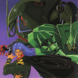  1990s_(style) 1boy bishounen blue_hair cape commentary cover dvd_cover english_commentary flower flower_in_mouth galluss-j gundam gundam_zz hamma_hamma highres key_visual kitazume_hiroyuki long_hair looking_at_viewer male_focus mashymre_cello mecha military mobile_suit official_art promotional_art retro_artstyle robot rose scan science_fiction traditional_media uniform upper_body 