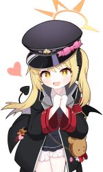  1girl absurdres black_coat black_dress black_hat black_tail black_wings blonde_hair bloomers blue_archive blush coat cowboy_shot crime_prevention_buzzer demon_tail demon_wings dress halo hat heart highres ibuki_(blue_archive) long_hair long_sleeves looking_at_viewer open_clothes open_coat open_mouth peaked_cap side_ponytail simple_background smile solo sprout_(haji_s) tail underwear white_background white_bloomers wings yellow_eyes yellow_halo  rating:General score:4 user:danbooru