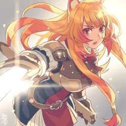  1girl animal_ears armor black_dress breastplate breasts brown_gloves commentary_request cowboy_shot diffraction_spikes dress floating_hair glint gloves grey_background hair_tubes highres holding holding_sword holding_weapon long_hair long_sleeves looking_at_viewer medium_breasts minami_seira neck_ribbon open_mouth orange_hair pauldrons raccoon_ears raccoon_girl raphtalia red_dress red_eyes red_ribbon ribbon scabbard sheath shoulder_armor signature solo sword tate_no_yuusha_no_nariagari weapon white_dress 