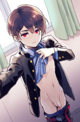  1boy bad_id bad_pixiv_id belt black_hair black_jacket blue_shirt boxers closed_mouth clothes_lift curtains expressionless hair_between_eyes jacket lifting_own_clothes long_sleeves looking_at_viewer male_focus male_underwear nipples original penis pillow_(nutsfool) red_eyes selfie shirt shirt_lift shota small_penis solo uncensored underwear window  rating:Explicit score:156 user:danbooru