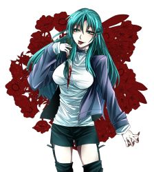  1girl bad_id bad_pixiv_id between_fingers blood bloody_knife breasts choker cropped_jacket eyelashes flower garter_straps green_eyes green_hair halterneck highres holding impossible_clothes impossible_shirt knife large_breasts matching_hair/eyes okisute shirt shorts solo thighhighs tongue tongue_out yurikawa_saki zombie zombie-ya_reiko 