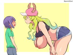 1boy 1girl absurdres age_difference breasts bulge cleavage erection erection_under_clothes hiding_erection highres huge_breasts kobayashi-san_chi_no_maidragon large_breasts lucoa_(maidragon) magatsuchi_shouta shota rating:Explicit score:128 user:Arceous