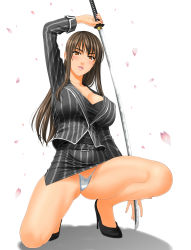  1girl arm_up ass bad_id bad_pixiv_id belt blush breasts brown_eyes brown_hair cameltoe cleavage covered_erect_nipples high_heels highleg highres holding holding_sword holding_weapon huge_breasts katana kneeling long_hair looking_at_viewer muryuuin_tayun on_one_knee original panties pantyshot parted_lips pencil_skirt petals revision skirt smile solo sword underwear weapon  rating:Questionable score:16 user:danbooru