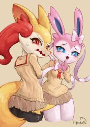 2girls :3 absurdres angry animal_ear_fluff animal_ears animal_nose artist_name black_fur blue_eyes blue_sclera blush body_fur bow bowtie braixen breasts brown_background brown_sailor_collar brown_shirt brown_skirt clothed_pokemon clothing_cutout colored_sclera cowboy_shot creatures_(company) cropped_legs fangs female_focus fox_ears fox_girl fox_tail from_behind furry furry_female game_freak gen_6_pokemon hair_bow hand_up happy highres long_sleeves looking_at_viewer looking_back miniskirt multicolored_fur multiple_girls neckerchief nintendo open_mouth pepper_gecko72 personification pink_bow pink_bowtie pink_fur pleated_skirt pokemon pokemon_(creature) red_eyes red_neckerchief sailor_collar school_uniform serafuku shirt signature simple_background skirt small_breasts smile snout standing sweat sylveon tail tail_through_clothes thighs tongue two-tone_fur v-shaped_eyebrows wavy_mouth white_fur yellow_fur rating:Sensitive score:17 user:AngryZapdos