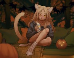 alcohol animal_ear_fluff animal_ears autumn beer black_nails blonde_hair blush cat_ears cat_girl cat_tail extra_ears feet food food_on_face halloween highres kemonomimi_mode looking_at_viewer nail_polish original outdoors oversized_clothes pumpkin sitting socks solo sweater tail tateoftot thighs tongue tongue_out yellow_eyes rating:General score:24 user:danbooru