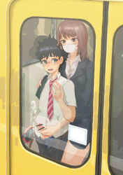  1boy 1girl age_difference assertive_female bar_censor black_hair blush brown_eyes brown_hair cellphone censored chijo commentary_request cum dress_shirt ejaculation female_pervert glass green_eyes handjob hetero holding holding_phone mask mouth_mask necktie onee-shota open_mouth original penis penis_out pervert phone public_indecency reach-around shirt shota size_difference smartphone sousuke_(sauceke) surgical_mask testicles train 