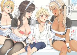  1boy 3girls age_difference barefoot black_hair blonde_hair blush breasts breasts_out cleavage collarbone dark_skin earrings eye_contact green_eyes harem jewelry large_breasts long_hair looking_at_another maid midriff mikan_kougyou miniskirt multiple_girls navel on_bed original panties panty_peek partially_translated pasties short_hair shota side_ponytail sitting skirt smile thighhighs translation_request underwear 