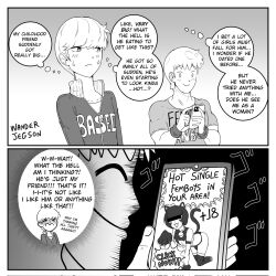 &gt;_&lt; 1boy 1girl 2koma ^_^ all_fours androgynous animal_ears animal_hands artist_name blush cat_ears cat_lingerie cat_paws cat_tail cellphone closed_eyes comic drawing_(object) english_text greyscale hetero highres holding holding_phone jacket long_sleeves looking_at_object looking_at_phone looking_at_viewer meme_attire monochrome muscular muscular_male nose_blush original phone shirt short_hair short_sleeves smartphone smile stutter t-shirt tail thinking tomboy track_jacket trap wanderjegson wristband yaoi zipper zipper_pull_tab rating:Sensitive score:14 user:danbooru