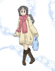  1girl absurdres bag black_eyes black_hair blue_bag blush boots brown_footwear brown_sweater full_body highres holding holding_bag knee_boots looking_at_viewer nichijou oversized_clothes red_scarf risaoza_meat robot_girl scarf shinonome_nano short_hair sleeves_past_fingers sleeves_past_wrists smile solo sweater winding_key 