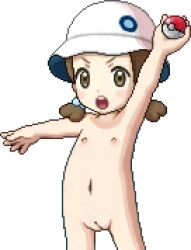  1girl brown_eyes brown_hair cleft_of_venus creatures_(company) female_focus game_freak hat holding holding_poke_ball loli navel nintendo nipples nude nude_filter open_mouth outstretched_arms pixel_art poke_ball pokemon pokemon_sm preschooler_(pokemon) pussy solo sprites standing third-party_edit transparent_background twintails uncensored 