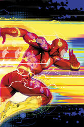  1boy abs absurdres barry_allen bodysuit commentary dan_mora dc_comics electricity english_commentary from_side highres looking_ahead male_focus muscular muscular_male red_bodysuit running solo superhero_costume the_flash the_flash_(series) torn_bodysuit torn_clothes yellow_footwear zoom_layer 
