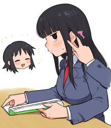  2girls adjusting_another&#039;s_hair bernard-jou_iwaku. black_eyes black_hair blazer blunt_bangs blush book breasts chibi chibi_inset closed_mouth collared_shirt commentary_request disembodied_limb ear_focus from_side frown grey_jacket highres jacket jitome kanbayashi_shiori lapels large_breasts long_hair long_sleeves looking_at_another looking_at_viewer machida_sawako meis_(terameisu) multiple_girls necktie open_book open_mouth profile red_necktie shirt short_hair sidelocks simple_background sitting small_sweatdrop smile table translation_request upper_body v-shaped_eyebrows white_background white_shirt 