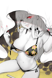  1girl bikini black_bikini commentary ear_piercing earrings fingernails floral_print from_above glowing glowing_eyes highres jewelry kitagawa_marin limited_palette long_fingernails long_hair looking_at_viewer one_eye_closed parted_lips partially_colored piercing pink_nails print_bikini red_eyes robot_cat_(robotcatart) ruler side-tie_bikini_bottom smile solo sono_bisque_doll_wa_koi_wo_suru swimsuit torn_bikini torn_clothes v 