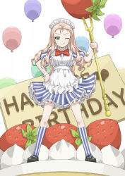  1girl ;q absurdres alternate_costume apron balloon birthday birthday_cake black_footwear blonde_hair blue_dress blue_socks bow bowtie cake closed_mouth collared_dress commentary dress drill_hair english_text food fork frilled_apron frills fruit full_body girls_und_panzer green_eyes hand_on_own_hip happy_birthday highres holding holding_fork long_hair looking_at_viewer maid_headdress marie_(girls_und_panzer) mary_janes one_eye_closed oversized_food oversized_object puffy_short_sleeves puffy_sleeves qgkmn541 red_bow red_bowtie shoes short_dress short_sleeves smile socks solo standing strawberry striped_clothes striped_dress striped_socks text_background tongue tongue_out vertical-striped_clothes vertical-striped_socks white_apron 