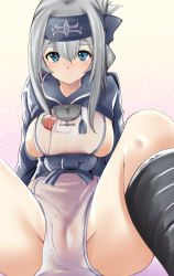 10s 1girl ainu_clothes black_thighhighs blue_eyes blush breasts cameltoe cropped_jacket dress folded_ponytail headband highres kamoi_(kancolle) kantai_collection large_breasts long_hair long_sleeves looking_at_viewer no_panties parted_lips pelvic_curtain pussy see-through short_eyebrows sideboob sidelocks simple_background sitting sleeveless sleeveless_dress solo takara_akihito thick_eyebrows thighhighs white_dress white_hair wrist_guards rating:Explicit score:17 user:danbooru