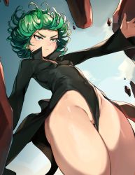  1girl black_dress breasts cleft_of_venus closed_mouth covered_erect_nipples curly_hair dress frown green_eyes green_hair highres long_sleeves no_bra no_panties one-punch_man pelvic_curtain pussy pussy_peek roropull short_hair small_breasts solo tatsumaki telekinesis thick_thighs thighs  rating:Explicit score:242 user:danbooru