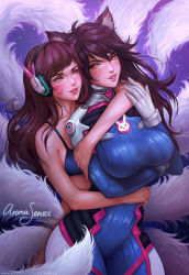 2girls ahri_(league_of_legends) animal_ears animal_print arm_around_neck aroma_sensei artist_name bad_id bad_pixiv_id bikini blue_bikini blue_bodysuit bodysuit breast_hold breasts brown_eyes brown_hair commentary cosplay cowboy_shot d.va_(overwatch) d.va_(overwatch)_(cosplay) facepaint facial_mark fox_ears fox_girl fox_tail gradient_background headphones high_collar highres hug hug_from_behind large_breasts league_of_legends long_hair looking_at_another looking_at_viewer multiple_girls multiple_tails nose overwatch parted_lips pilot_suit pink_lips purple_background rabbit_print ribbed_bodysuit shoulder_pads signature skin_tight slit_pupils smile swept_bangs swimsuit tail whisker_markings yellow_eyes yuri rating:Sensitive score:33 user:danbooru