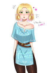  1girl belt black_pants blonde_hair blue_shirt champion&#039;s_tunic_(zelda) collarbone commentary cosplay costume_switch dated english_commentary english_text green_eyes highres looking_at_viewer nintendo open_mouth pants pointy_ears princess_zelda shirt short_hair simple_background single_bare_shoulder solo standing the_legend_of_zelda the_legend_of_zelda:_tears_of_the_kingdom watermark white_background yoga_pants yurimacob 