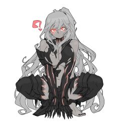  1girl ? abyssal_ship aircraft_carrier_princess armor armored_boots boots breasts breasts_squeezed_together claws closed_mouth colored_extremities colored_skin commentary_request grey_hair grey_skin hair_between_eyes highres kantai_collection large_breasts long_hair looking_at_viewer multicolored_skin one_side_up oso_(toolate) red_eyes sailor_collar school_uniform serafuku simple_background skirt sleeveless solo squatting thigh_boots torn_clothes torn_footwear very_long_hair white_background 