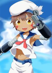  1boy armpits blue_ribbon blue_sailor_collar brown_eyes brown_hair child collarbone commentary_request facial_mark facial_tattoo fang groin hair_between_eyes hand_up hat highres light_blush looking_at_viewer made_in_abyss male_focus mechanical_arms mechanical_hands military_uniform multicolored_eyes naval_uniform navel open_mouth pants pointy_ears red_ribbon regu_(made_in_abyss) ribbon robot sailor sailor_collar sailor_hat salute sharaku_ma sharp_teeth shirt shorts slit_pupils solo standing tattoo teeth uniform upper_teeth_only white_hat white_pants white_shirt yellow_eyes 