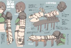  1girl arm_at_side armor arrow_(symbol) blue_background brown_eyes brown_gloves brown_hair brown_shorts buckle character_sheet chest_harness commentary cropped_torso decoponmagi elbow_gloves expressionless final_fantasy final_fantasy_vii final_fantasy_vii_rebirth final_fantasy_vii_remake fingerless_gloves forehead_protector gloves green_sweater hair_between_eyes harness highres midriff multiple_views outstretched_arm pauldrons short_hair shorts shoulder_armor simple_background single_pauldron sleeveless sleeveless_turtleneck solo_focus sweater translation_request turtleneck turtleneck_sweater yuffie_kisaragi 