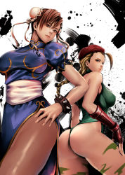  2girls ass bad_id bad_pixiv_id beret blonde_hair blue_eyes bodypaint breasts brown_eyes brown_hair cammy_white capcom china_dress chinese_clothes chun-li double_bun dress covered_erect_nipples from_behind frown hand_on_own_hip hat highres jun_jun large_breasts leotard lips looking_back multiple_girls nipples pantyhose pelvic_curtain skin_tight street_fighter thighs  rating:Sensitive score:69 user:danbooru