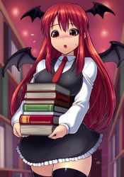  1girl :o aura bat_wings black_thighhighs blush book book_stack bookshelf breasts candle dark_aura dress dress_shirt flying_sweatdrops head_wings highres holding holding_book koakuma large_breasts library long_hair necktie open_mouth puffy_sleeves red_eyes red_hair red_necktie revision shimashima-ace shirt skirt skirt_set thighhighs touhou vest when_you_see_it wings zettai_ryouiki 