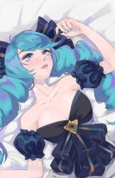 1girl arm_up bed_sheet black_bow black_hair bow breasts cleavage collarbone detached_sleeves dress green_eyes green_hair grey_dress gwen_(league_of_legends) highres large_breasts league_of_legends long_hair looking_at_viewer lying nail_polish puffy_short_sleeves puffy_sleeves risorins short_sleeves smile solo strapless strapless_dress twintails rating:Sensitive score:10 user:danbooru