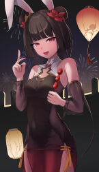  1girl absurdres aerial_fireworks animal_ears black_dress blunt_bangs blush bolcham breasts commentary cowboy_shot detached_sleeves double_bun dress fireworks food gradient_dress hair_bun highres holding holding_food kaguyahime_(mahjong_soul) lantern long_hair looking_at_viewer mahjong_soul medium_bangs medium_breasts open_mouth paper_lantern rabbit_ears rabbit_girl red_dress red_eyes see-through see-through_sleeves sleeveless sleeveless_dress smile solo standing tanghulu 