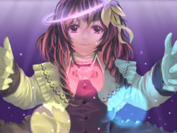  brown_hair capelet clasp dress drill_hair flower gloves hair_flower hair_ornament lely light_beam light_particles light_smile lips looking_at_viewer original outstretched_arms photokinesis purple_background purple_eyes short_hair solo sugar_satellite touhou 