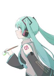  1girl bare_shoulders black_sleeves blue_eyes blue_hair blue_nails blue_necktie blush collared_shirt commentary detached_sleeves floating_hair from_side grey_shirt hair_ornament hand_up hatsune_miku headphones highres holding holding_paintbrush issen_kounen_(vocaloid) iyowa_(igusuri_please) long_hair long_sleeves looking_ahead miku_day necktie number_tattoo paintbrush profile shirt shoulder_tattoo simple_background smile solo tattoo twintails upper_body vocaloid 
