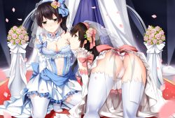10s 2girls 3: 3:&lt; akagi_(kancolle) all_fours ass bare_shoulders blush bouquet breasts bridal_veil bride brown_hair cleavage dress elbow_gloves ello flower food_on_body frilled_dress frills gloves hand_on_another&#039;s_thigh japanese_clothes kaga_(kancolle) kantai_collection kneeling licking long_hair multiple_girls navel panties personification petals short_hair side_ponytail thighhighs underwear v-shaped_eyebrows veil wavy_mouth wedding_dress white_gloves white_legwear white_panties rating:Questionable score:38 user:danbooru