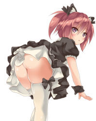  1girl animal_ears ass cat_ears clothes_lift dress dress_lift from_behind highres leaning_forward long_hair looking_back no_panties no_tail original pink_eyes pink_hair shin&#039;ya_natsuki simple_background solo thighhighs twintails white_background  rating:Questionable score:14 user:danbooru