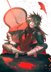  1boy armor bandages black_gloves black_hair cape cloak cracked_skin fasna gloves grin gunbai hair_between_eyes head_rest highres indian_style long_hair looking_at_viewer male_focus naruto naruto_(series) pale_skin red_cape red_cloak red_eyes sitting smile solo spiked_hair toeless_footwear uchiha_madara war_fan weapon white_background 