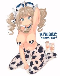  1girl animal_print arm_up armpits barbara_(genshin_impact) blue_eyes breasts choker cow_print cowbell dismassd female_focus full_body genshin_impact grey_hair hat highres horns large_breasts looking_at_viewer milk pantyhose sitting smile solo thighs twintails wariza  rating:Explicit score:54 user:&yen;&yen;&yen;