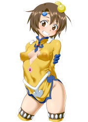  1girl accessories breasts brown_eyes brown_hair cleavage cleavage_cutout clothing_cutout covered_erect_nipples dress funnyari hair_ornament jewelry norma_beatty short_dress short_hair small_breasts smile solo tales_of_(series) tales_of_legendia tight_clothes tight_dress  rating:Questionable score:68 user:Alex23443