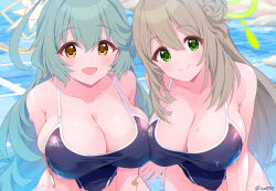  2girls :d abydos_high_school_swimsuit ahoge aqua_hair bandaid bare_arms bare_shoulders blonde_hair blue_archive blush breast_press breasts brown_eyes cleavage closed_mouth commentary_request competition_school_swimsuit day green_eyes hair_between_eyes hair_bun hair_ornament halo highres ima_(lm_ew) large_breasts light_brown_hair long_hair looking_at_viewer multiple_girls nonomi_(blue_archive) one-piece_swimsuit open_mouth outdoors school_swimsuit sidelocks smile swimsuit very_long_hair water yume_(blue_archive)  rating:Sensitive score:24 user:danbooru