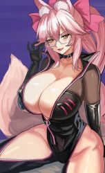  1girl absurdres animal_ear_fluff animal_ears bad_id bad_pixiv_id black_bodysuit blush bodysuit bow breasts center_opening choker cleavage fang fate/grand_order fate_(series) fox_ears fox_girl fox_tail glasses hair_between_eyes hair_bow highres hip_vent koyanskaya_(assassin)_(first_ascension)_(fate) koyanskaya_(fate) large_breasts long_hair looking_at_viewer loooyd open_mouth pink_bow pink_hair ponytail sidelocks smile solo tail tamamo_(fate) thighs yellow_eyes  rating:Sensitive score:140 user:danbooru
